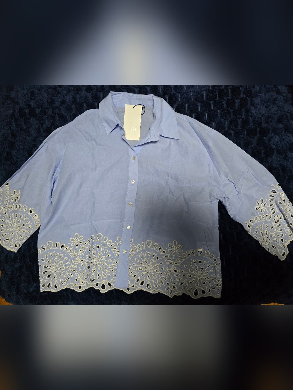 Zara Light Blue Eyelet Hem Button-Up Shirt